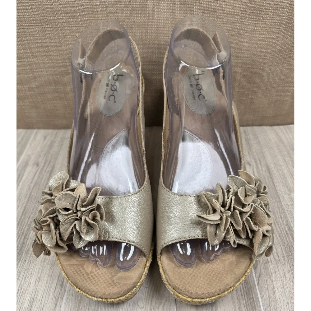 BOC Born Gold Floral Peep Toe Leather‎ Platform Wedge Slingback Sandals Size 9